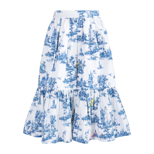 TNTRM BLUE TOILE RUFFLE HEM MIDI SKIRT