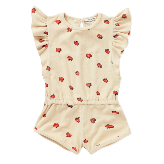 SPROET & SPROUT TAN APPLE PRINT TERRY ROMPER