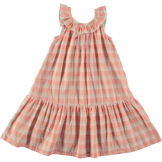 TOCOTO VINTAGE PINK CHECKED RUFFLE TRIM DRESS