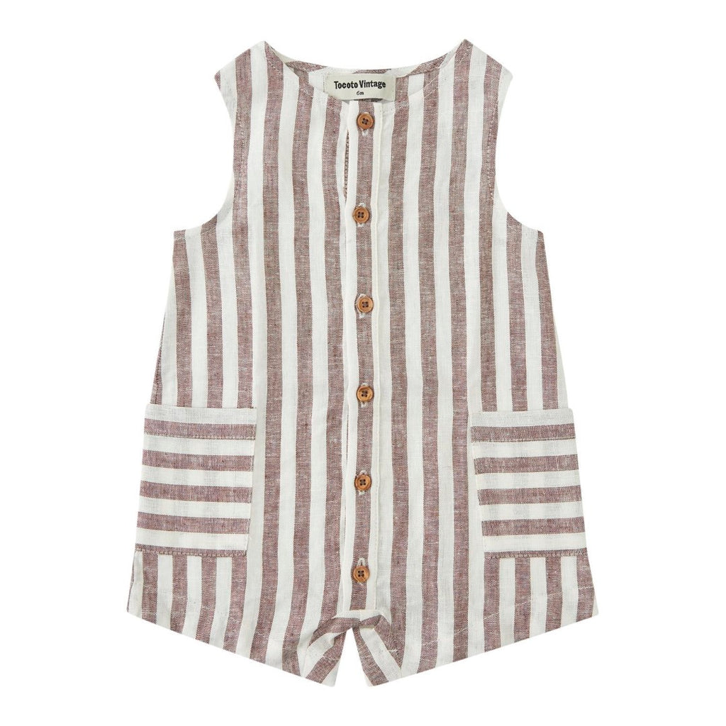 TOCOTO VINTAGE BROWN STRIPED LINEN ROMPER