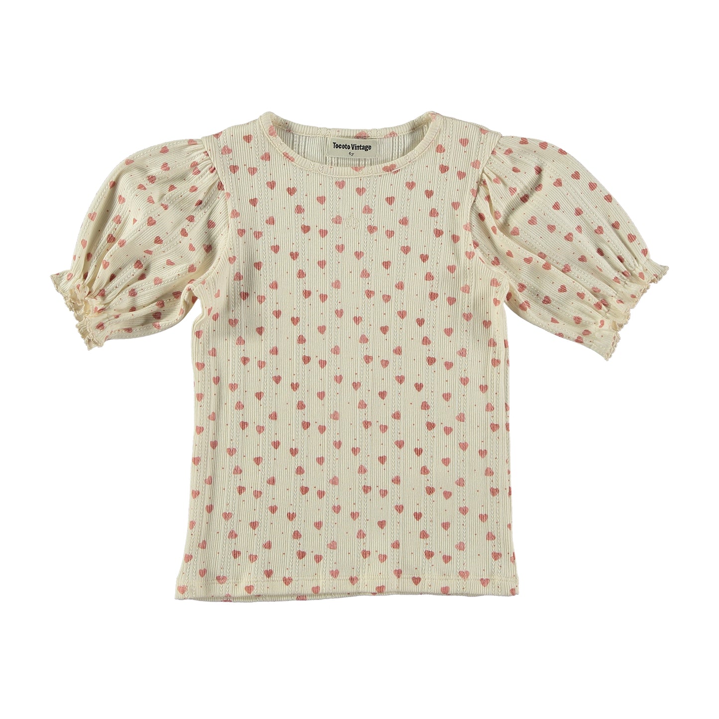TOCOTO VINTAGE OFF WHITE HEART PRINT PUFF SLEEVE TEE