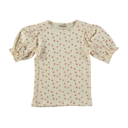 TOCOTO VINTAGE OFF WHITE HEART PRINT PUFF SLEEVE TEE