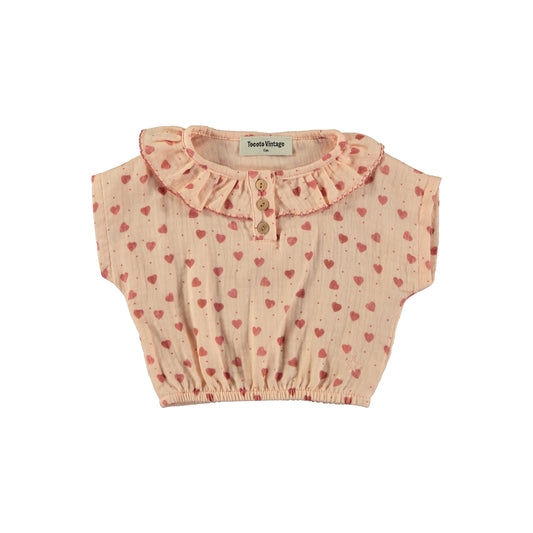 TOCOTO VINTAGE PINK HEART PRINT RUFFLE COLLAR BLOUSE