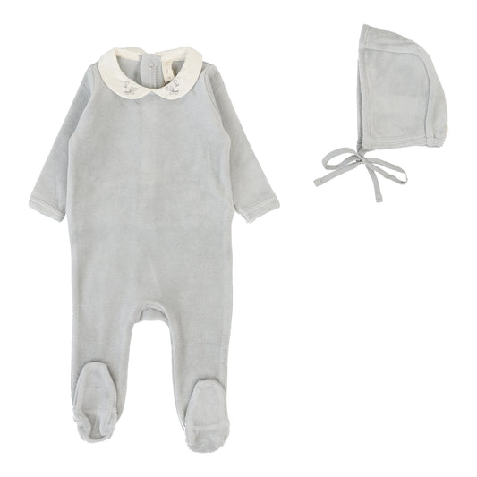 LILETTE DUSTY BLUE VELOUR COLLAR FOOTIE SET