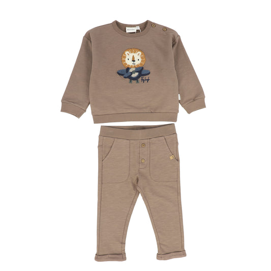 MINYMO LIGHT BROWN ANIMAL PATCH SWEATSHIRT SET