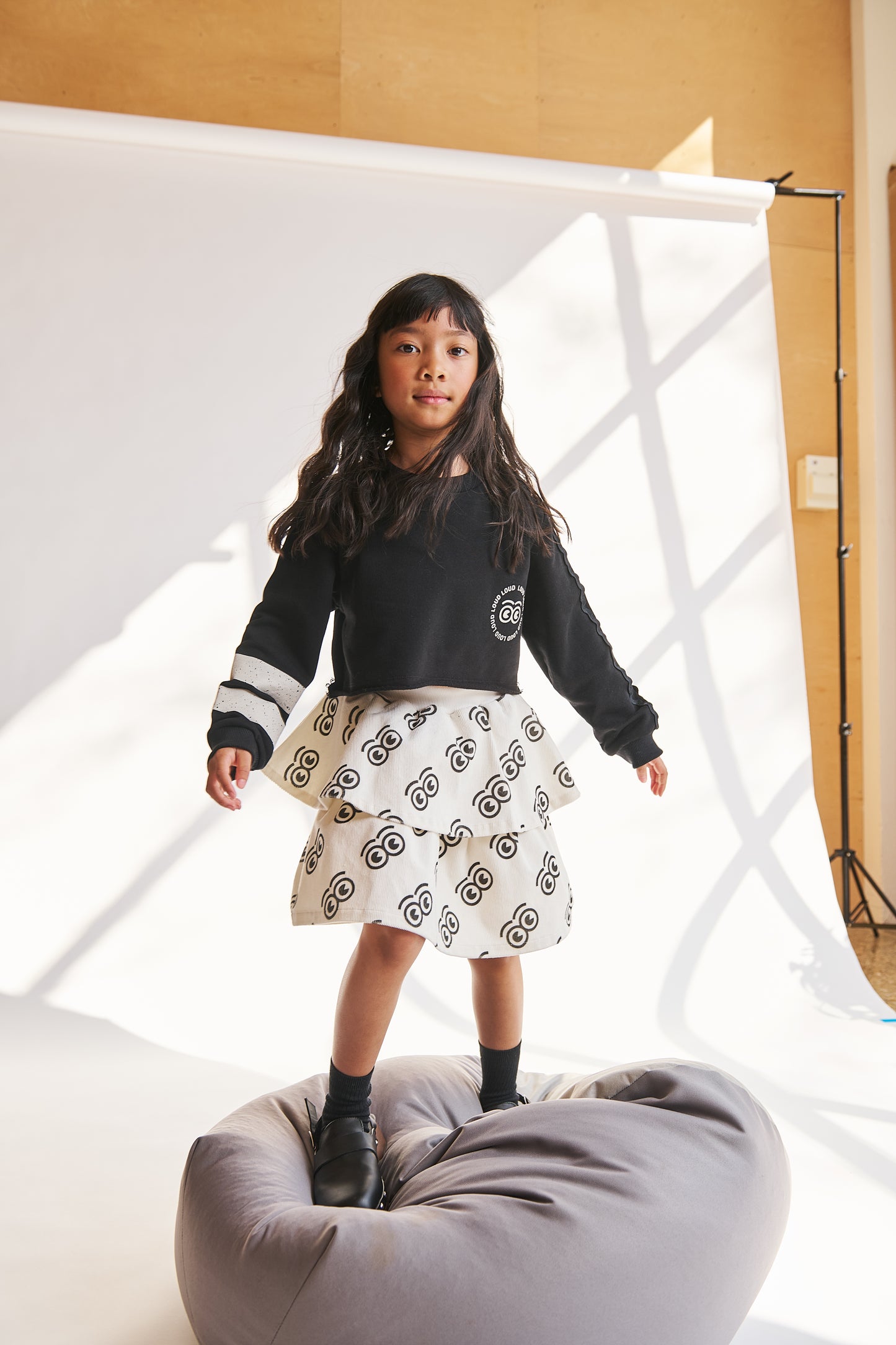 LOUD ECRU/BLACK LOGO PRINT PANELLED SKIRT