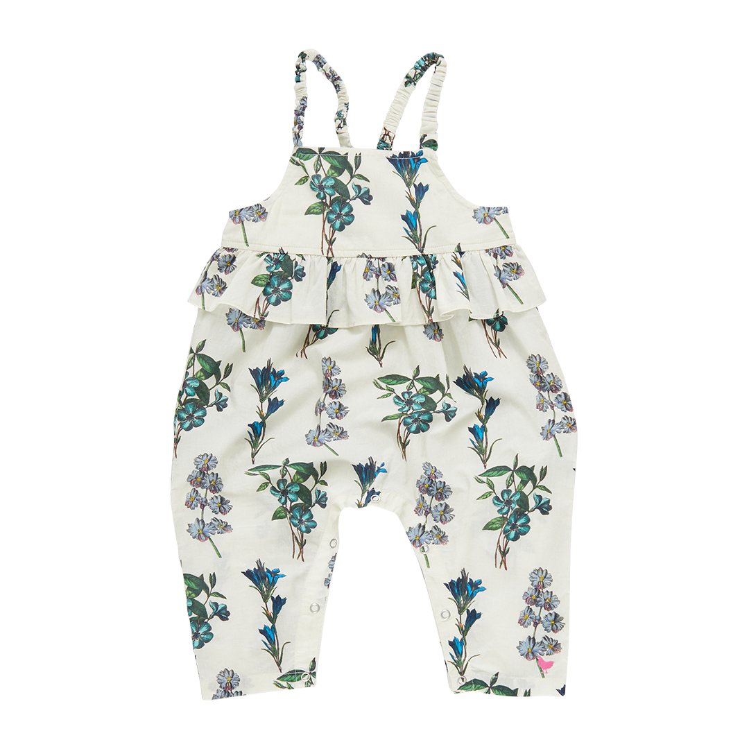 PINK CHICKEN IVORY BLUE FLORAL PRINT RUFFLE ROMPER