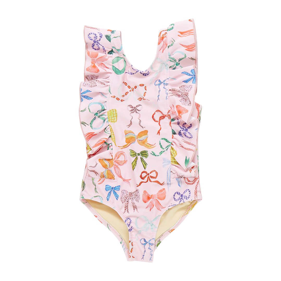 PINK CHICKEN LIGHT PINK WATERCOLOR BOWS PRINT SWIMSUIT