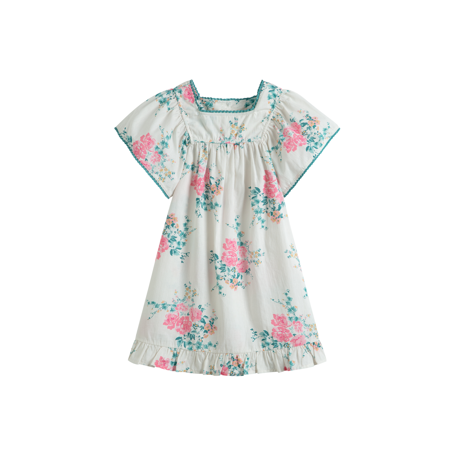 CERA UNA VOLTA BLUE/PINK ROSE CLUSTER  BELL SLEEVE DRESS