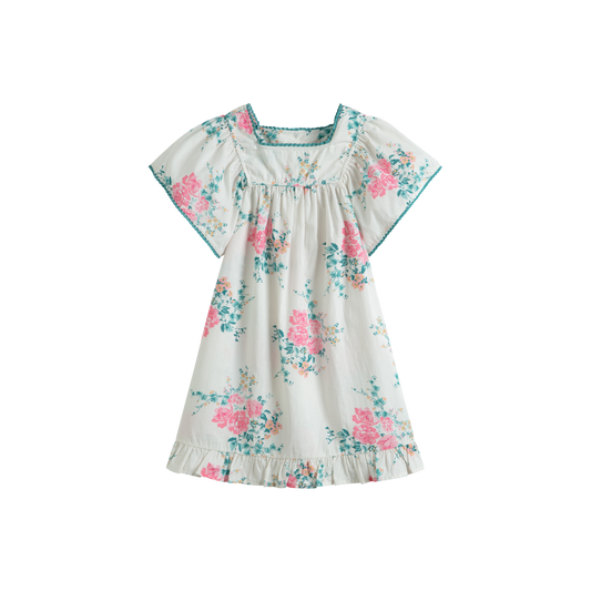 CERA UNA VOLTA BLUE/PINK ROSE CLUSTER  BELL SLEEVE DRESS