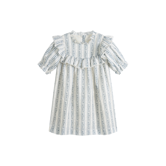 CERA UNA VOLTA WHITE/BLUE STRIPED RUFFLED DRESS