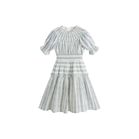CERA UNA VOLTA WHITE/BLUE STRIPED SMOCKED DRESS