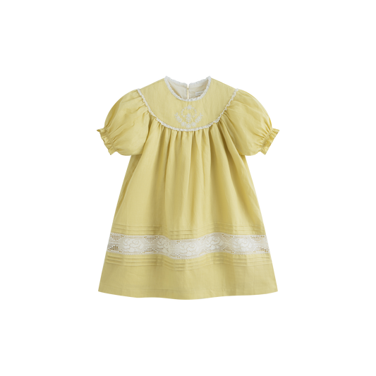 CERA UNA VOLTA YELLOW/WHITE EMBROIDERED LINEN DRESS