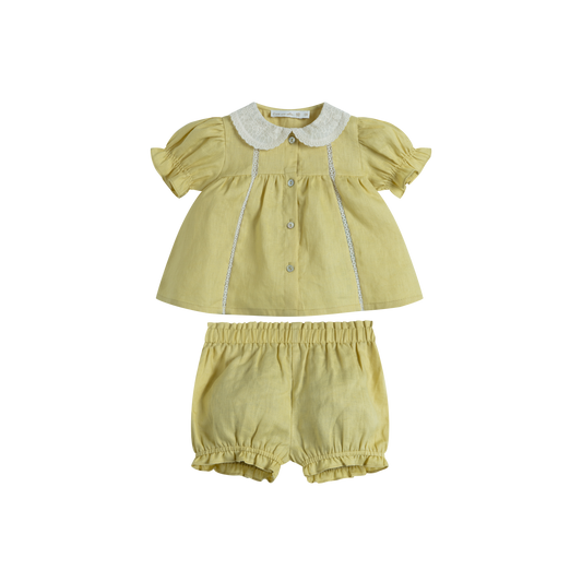CERA UNA VOLTA YELLOW/WHITE LINEN COLLAR BLOOMER SET
