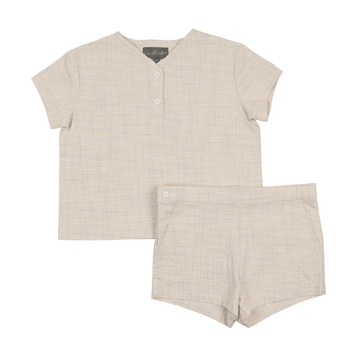 SWEET THREADS BEIGE/BLUE WOVEN SHIRT SET