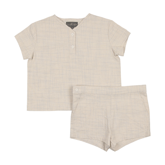 SWEET THREADS BEIGE/BLUE WOVEN SHIRT SET