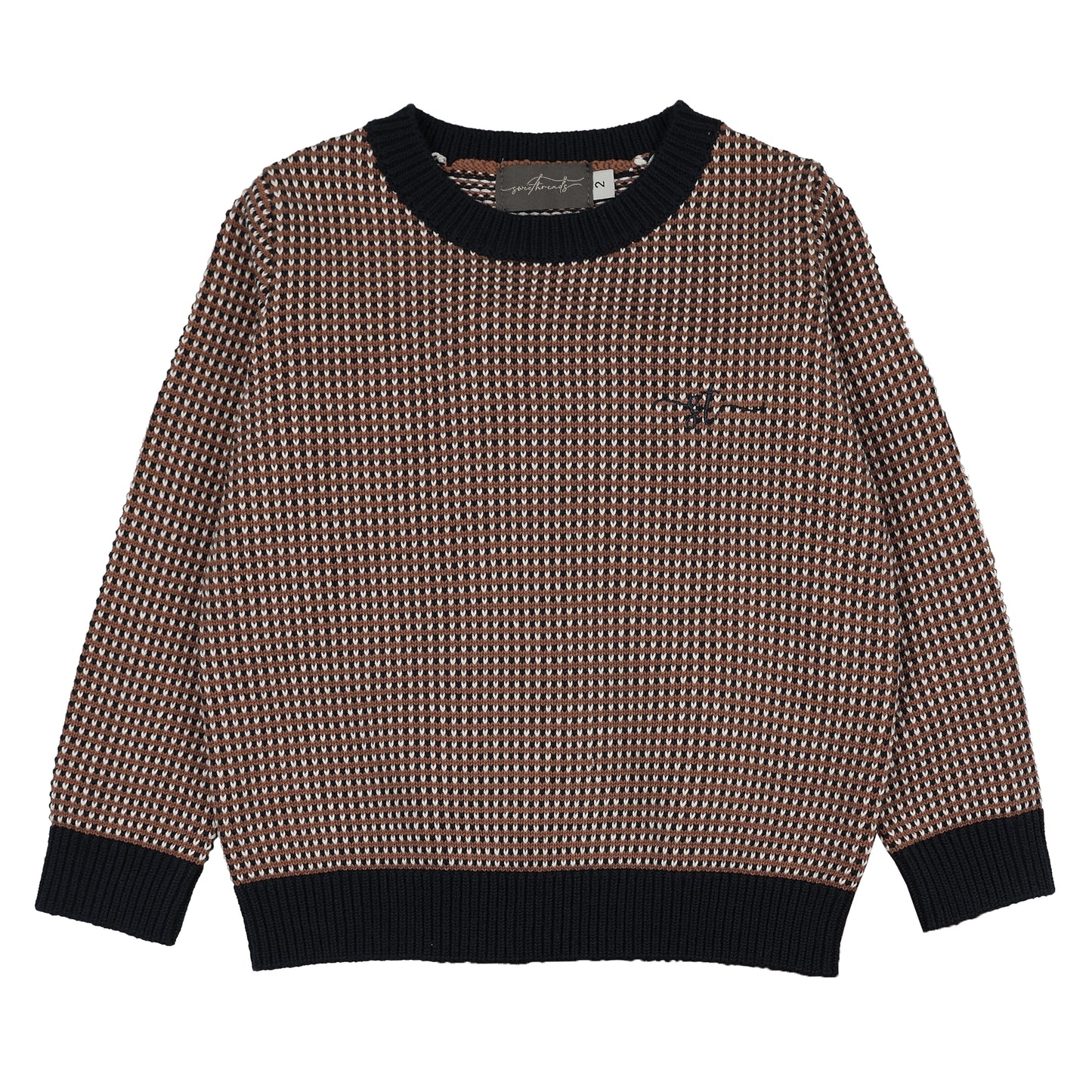 SWEET THREADS CAMEL/NAVY PATTERN KNIT SWEATER