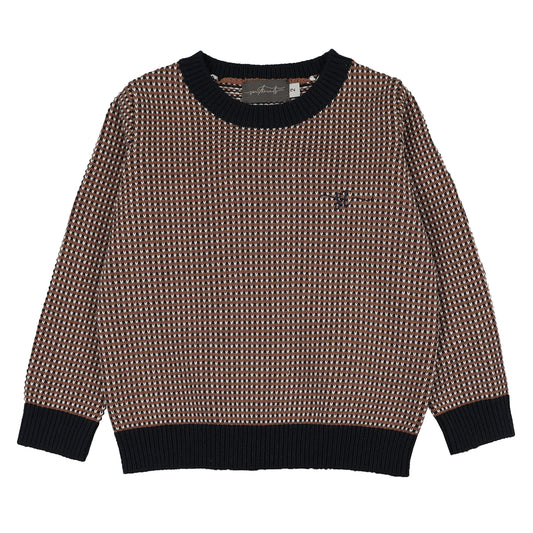 SWEET THREADS CAMEL/NAVY PATTERN KNIT SWEATER