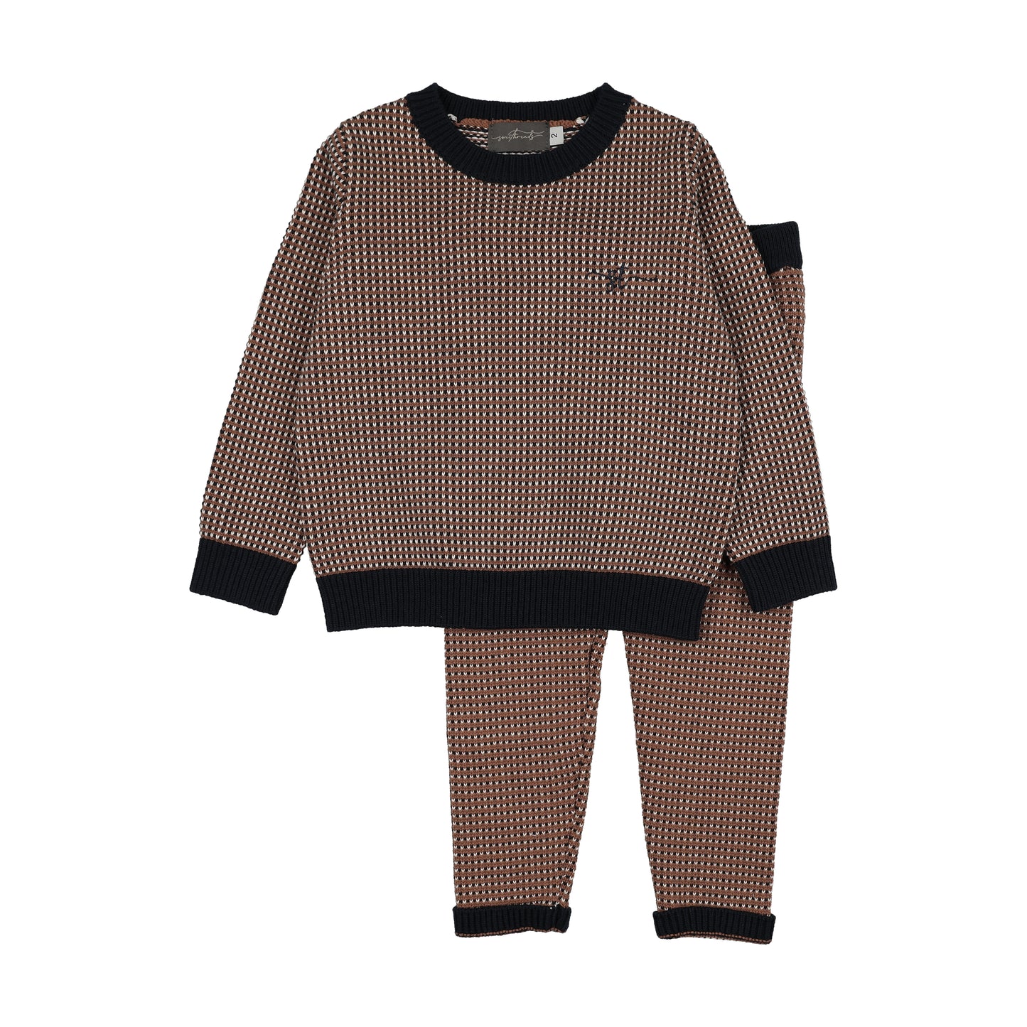 SWEET THREADS CAMEL/NAVY PATTERN KNIT SWEATER SET