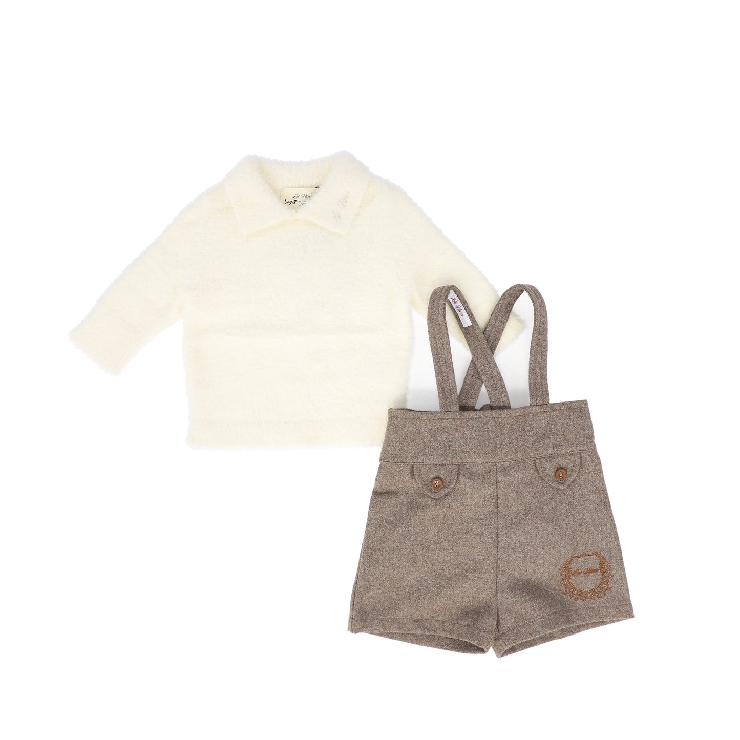 LA NINA CREAM/BROWN WOOL EMBLEM SUSPENDER BLOOMER SET
