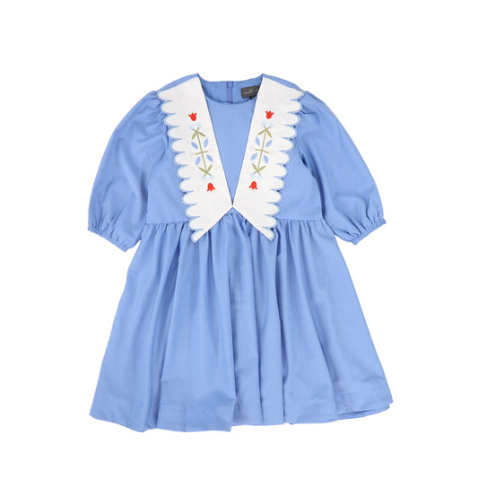 SWEET THREADS BLUE EMBROIDERED SCALLOP TRIM DRESS