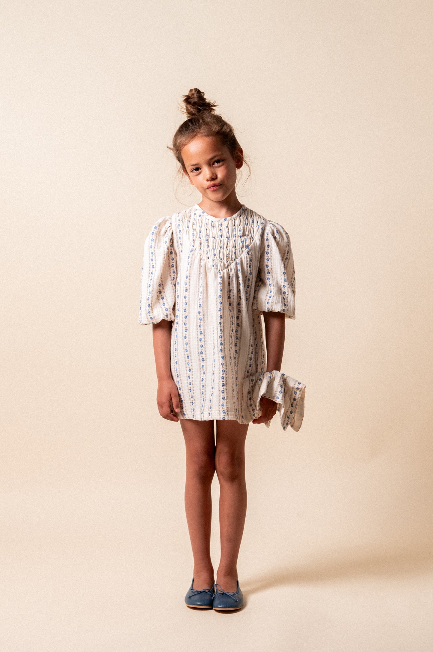 BIRINIT PETIT IVORY FLORAL STRIPE DRESS