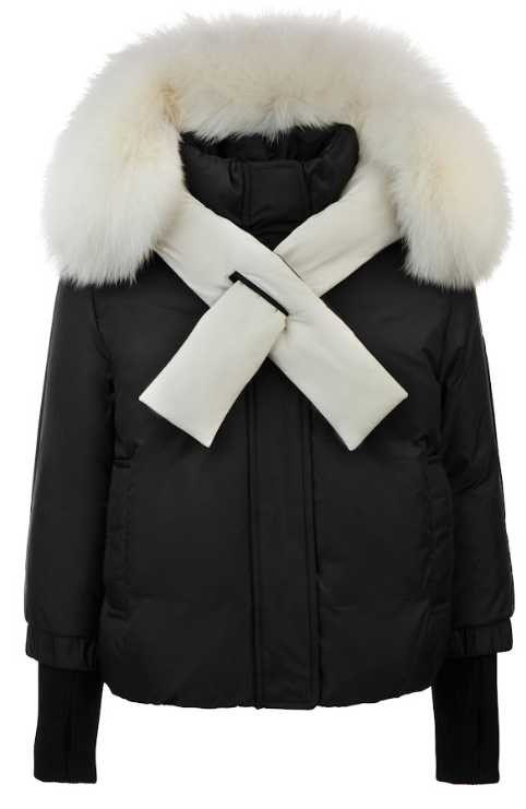 PRAMIE BLACK/CREAM TIE FUR TRIM COAT