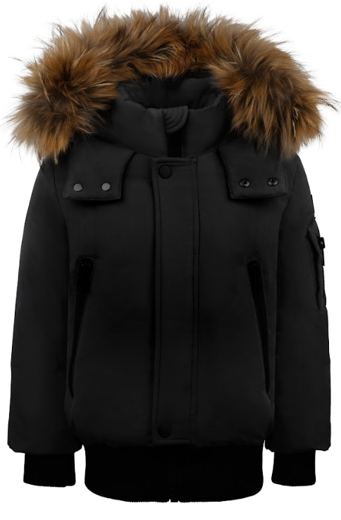 PRAMIE BLACK/NATURAL FUR TRIM BOMBER COAT