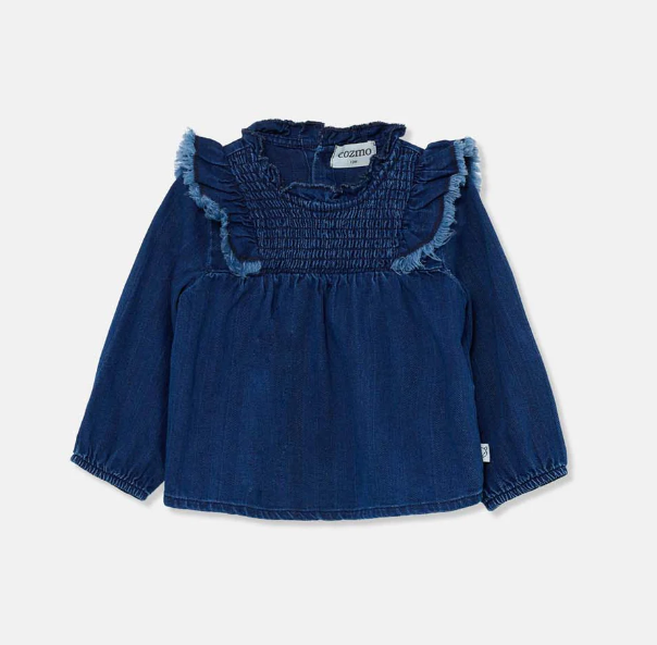 MY LITTLE COZMO BLUE DENIM SMOCKED RUFFLE TRIM TOP