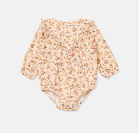 MY LITTLE COZMO PALE PINK FLORAL V ROMPER a [FINAL SALE]