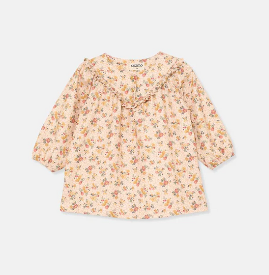 MY LITTLE COZMO PALE PINK FLORAL V DRESS [FINAL SALE]