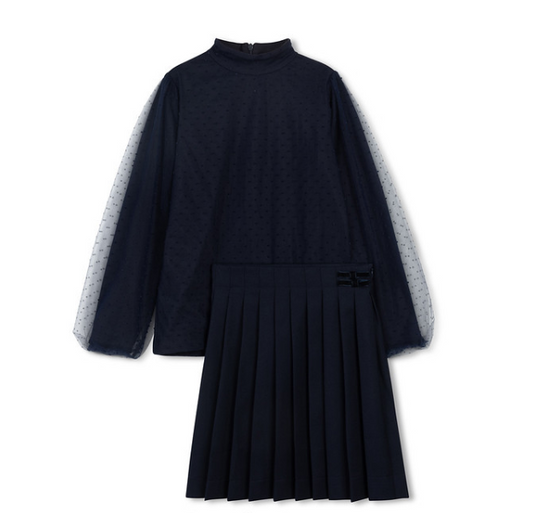 ELLE RAE NAVY VELVET DOTTED PLEAT SET
