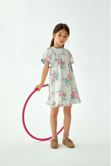 CERA UNA VOLTA BLUE/PINK ROSE CLUSTER  BELL SLEEVE DRESS