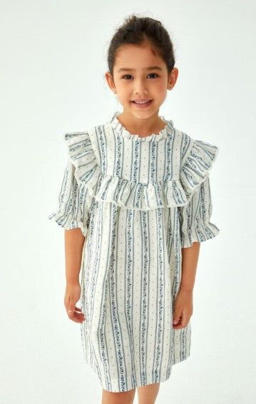 CERA UNA VOLTA WHITE/BLUE STRIPED RUFFLED DRESS