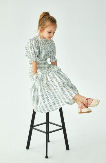 CERA UNA VOLTA WHITE/BLUE STRIPED SMOCKED DRESS