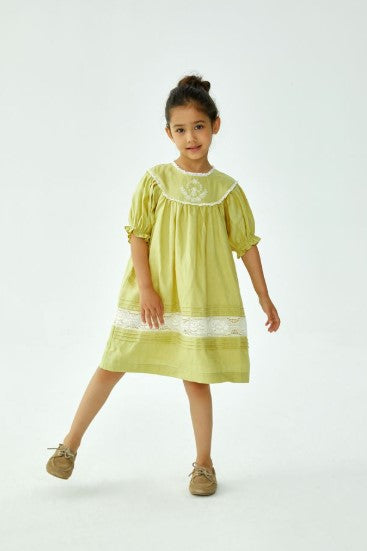 CERA UNA VOLTA YELLOW/WHITE EMBROIDERED LINEN DRESS