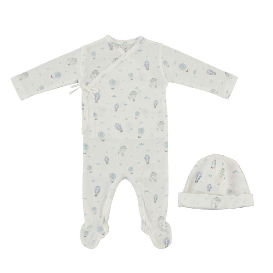 BEBE ORGANIC BLUE BALLOON WRAP FOOTIE + BEANIE