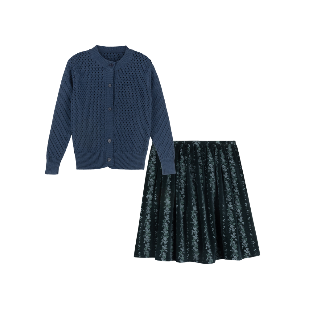PAPILLON BLUE FADED FLORAL SKIRT SET