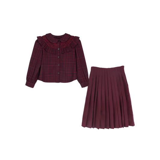 LILOU BURGUNDY PLAID RUFFLE BLOUSE SET