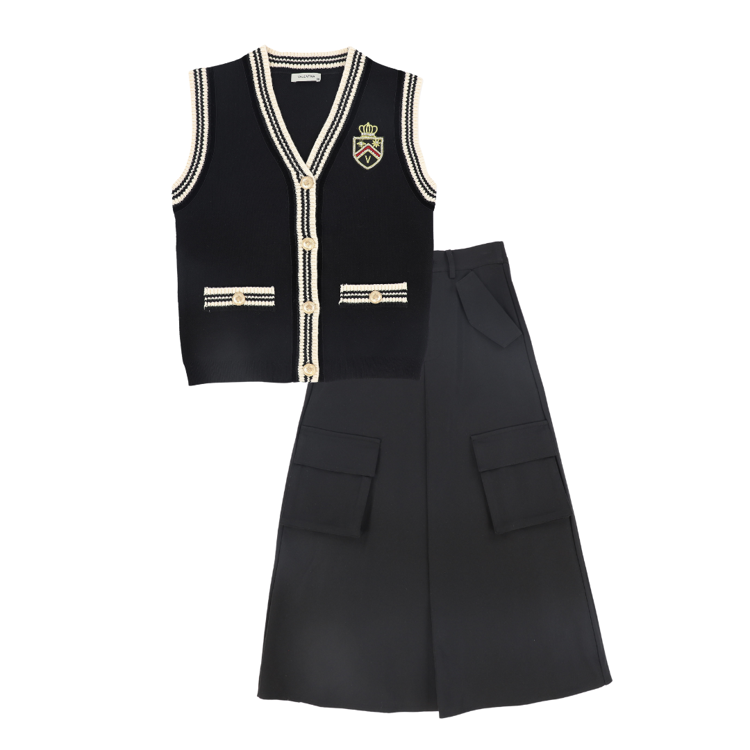 VALENTINA BLACK STRIPE TRIM KNIT VEST SET