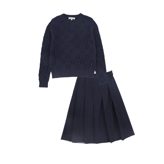 BACE COLLECTION NAVY CHECKED BUBBLE KNIT SWEATER SET