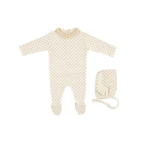 BEBE ORGANIC TAN GRID CROCHET COLLAR FOOTIE SET
