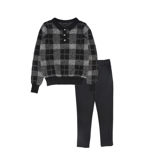 BAMBOO BLACK/CHARCOAL PLAID KNIT COLLAR SWEATER SET
