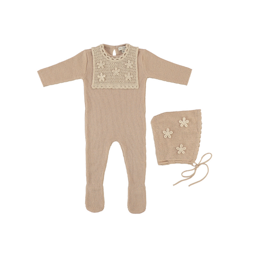 BEBE ORGANIC TAN CROCHET FLOWER FOOTIE SET