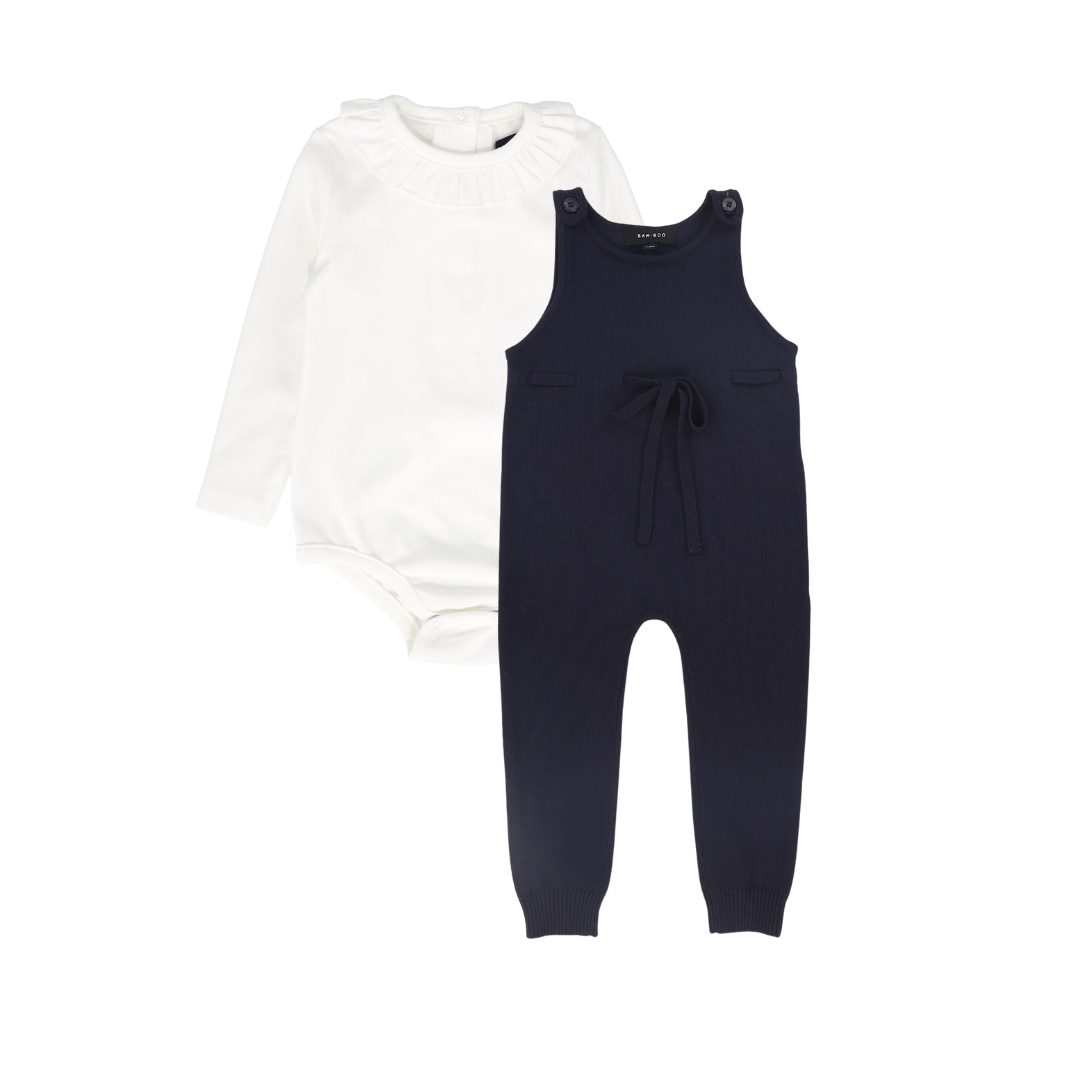 BAMBOO NAVY BOW KNIT OVERALLS SET