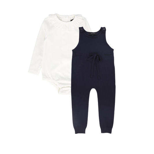 BAMBOO NAVY BOW KNIT OVERALLS SET
