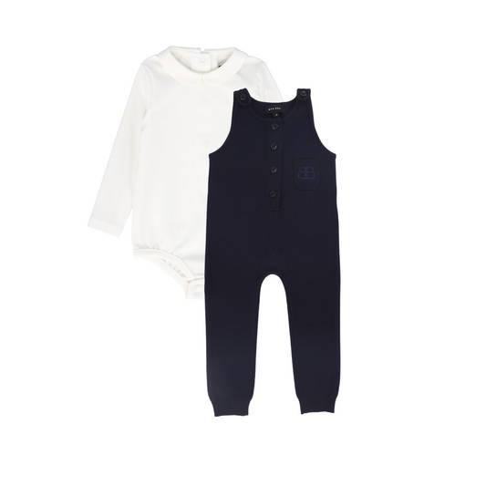 BAMBOO NAVY BUTTON KNIT OVERALL SET
