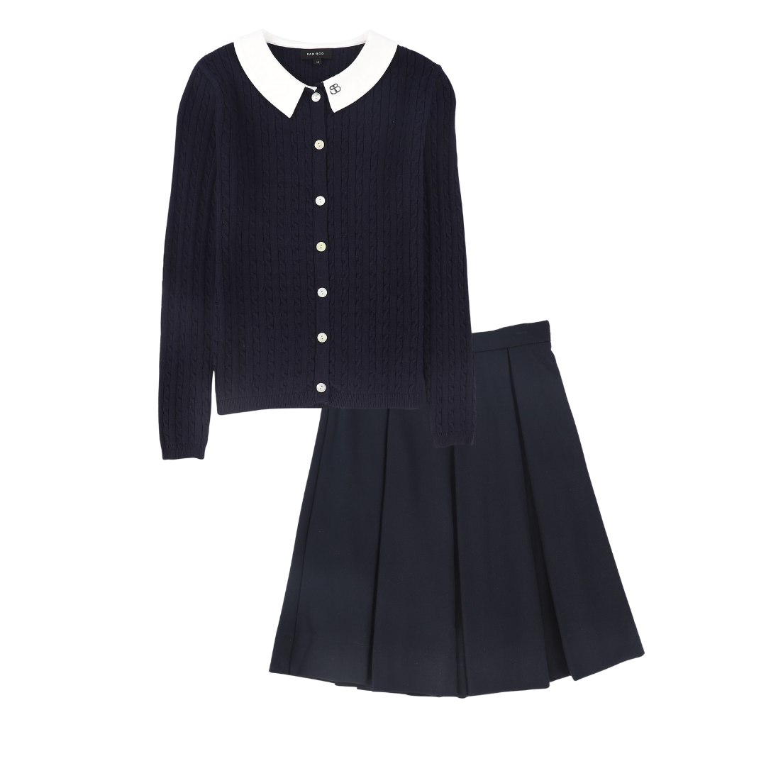 BAMBOO NAVY CABLE KNIT COLLAR CARDIGAN SET