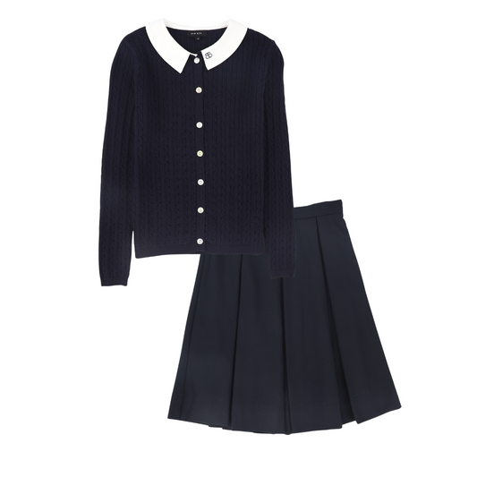 BAMBOO NAVY CABLE KNIT COLLAR CARDIGAN SET