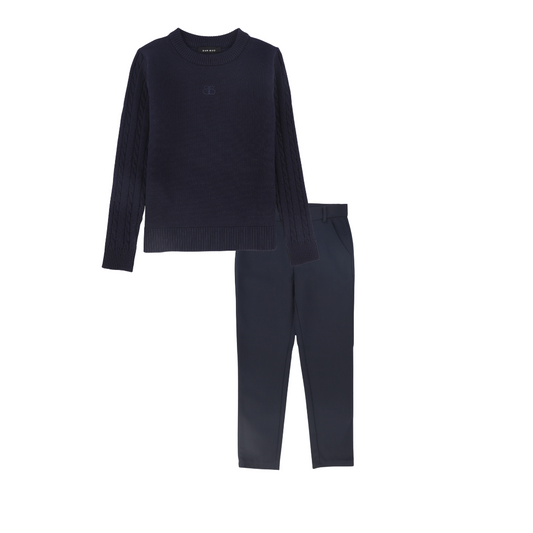 BAMBOO NAVY CABLE KNIT SLEEVE LOGO SWEATER SET